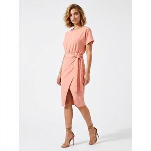Womens Belted Midi Dress, Small, Peach Short Sleeve Office Summer Party Cocktail